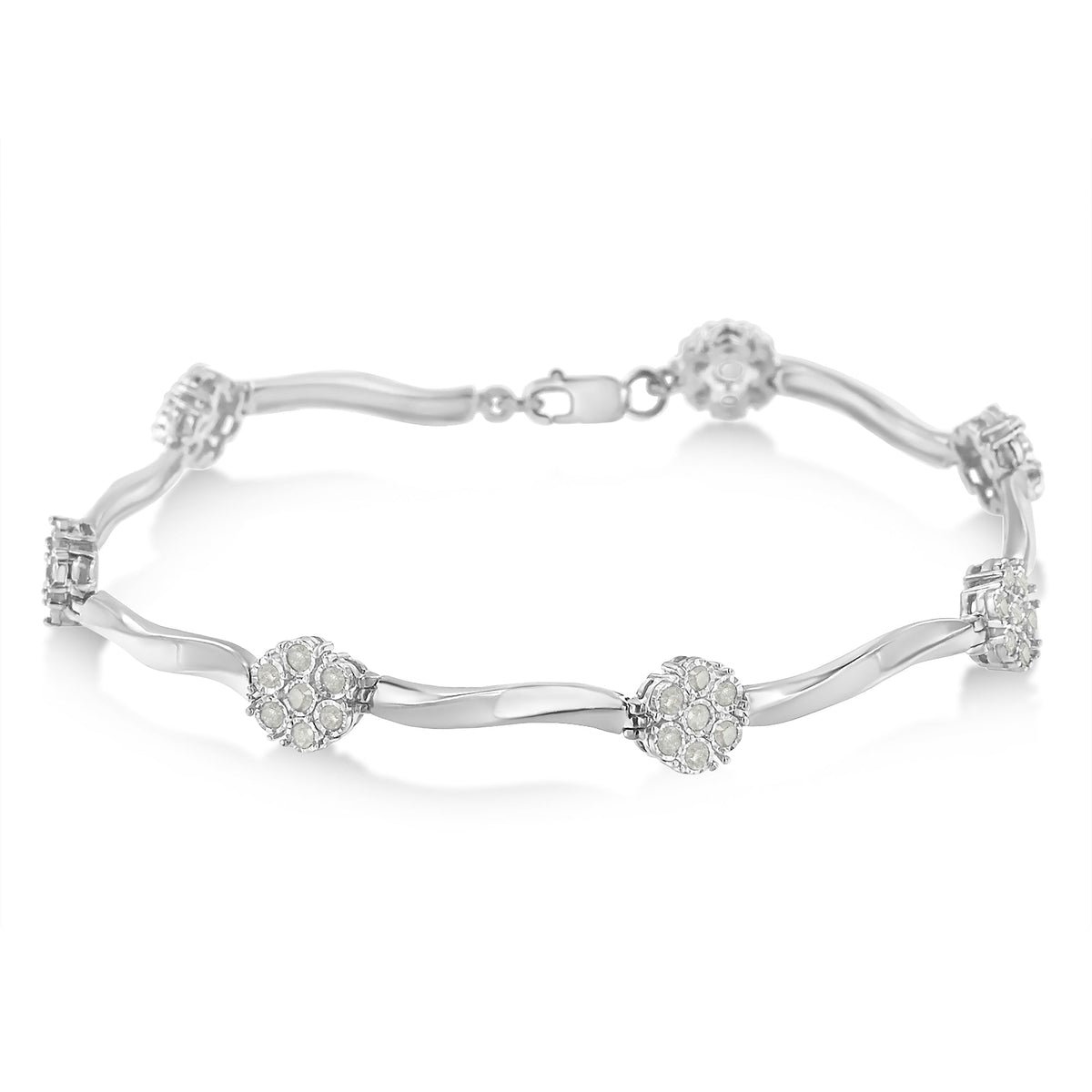 .925 Sterling Silver 1.0 cttw Miracle-Set Diamond 7 Stone Floral Cluster Link Bracelet (I-J Color, I3 Clarity) -7"