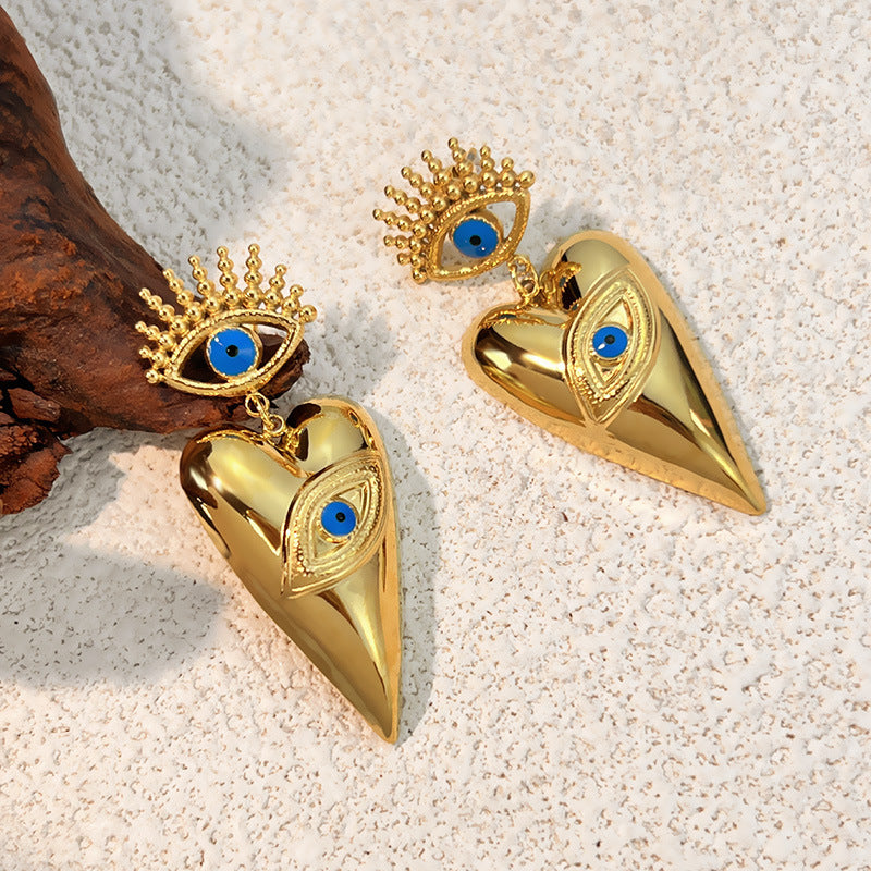 18k Gold-Plated Stainless Steel Dripping Oil Evil Eye Heart Earrings