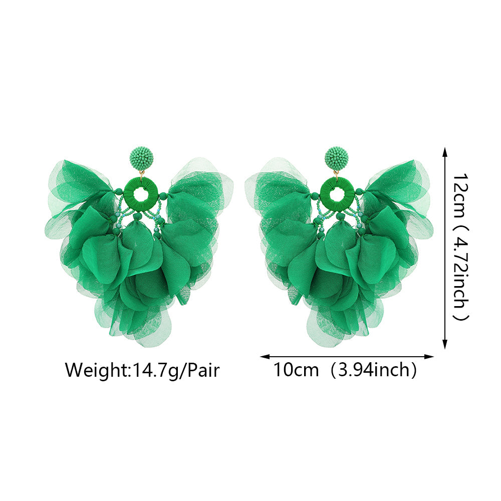 Handmade Bohemian Beaded Chiffon Flower Tassel Earrings For Women Tropical Vacation Statement Jewelry