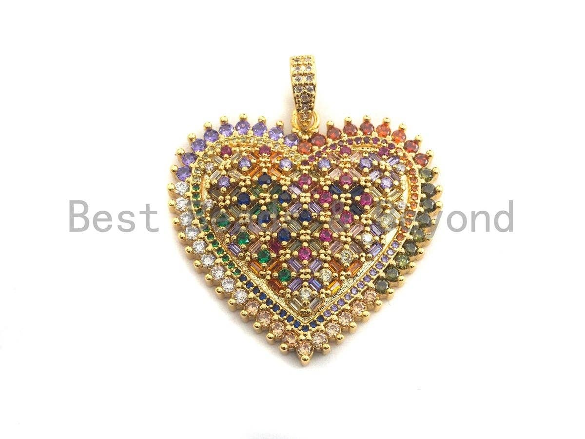 CZ Colorful Micro Pave Heart Gold With Baguette CZ Filigree Pendant, Heart Shaped Pave Pendant, Gold plated, 36x36mm, Sku#F948