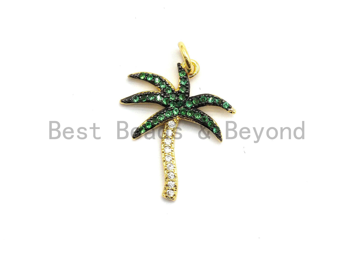 Green CZ Micro Pave Coconut Tree Pendant, Palm Tree Pave Pendant, Gold/Rose Gold/Silver/Gunmetal plated, 17x21mm, Sku#F698C