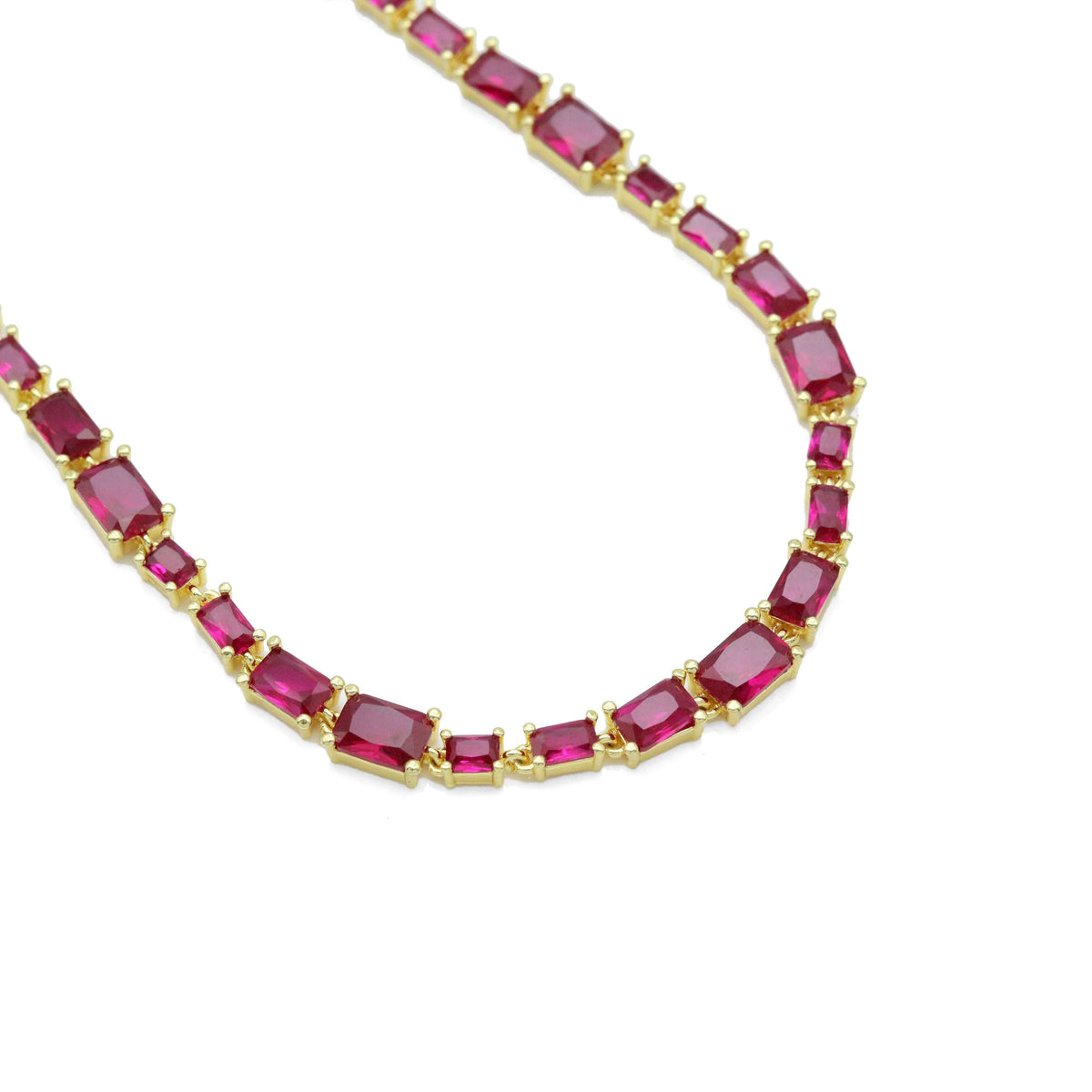 Gold Fuchsia Rectangle CZ Link Chain Necklace, Sku#A352