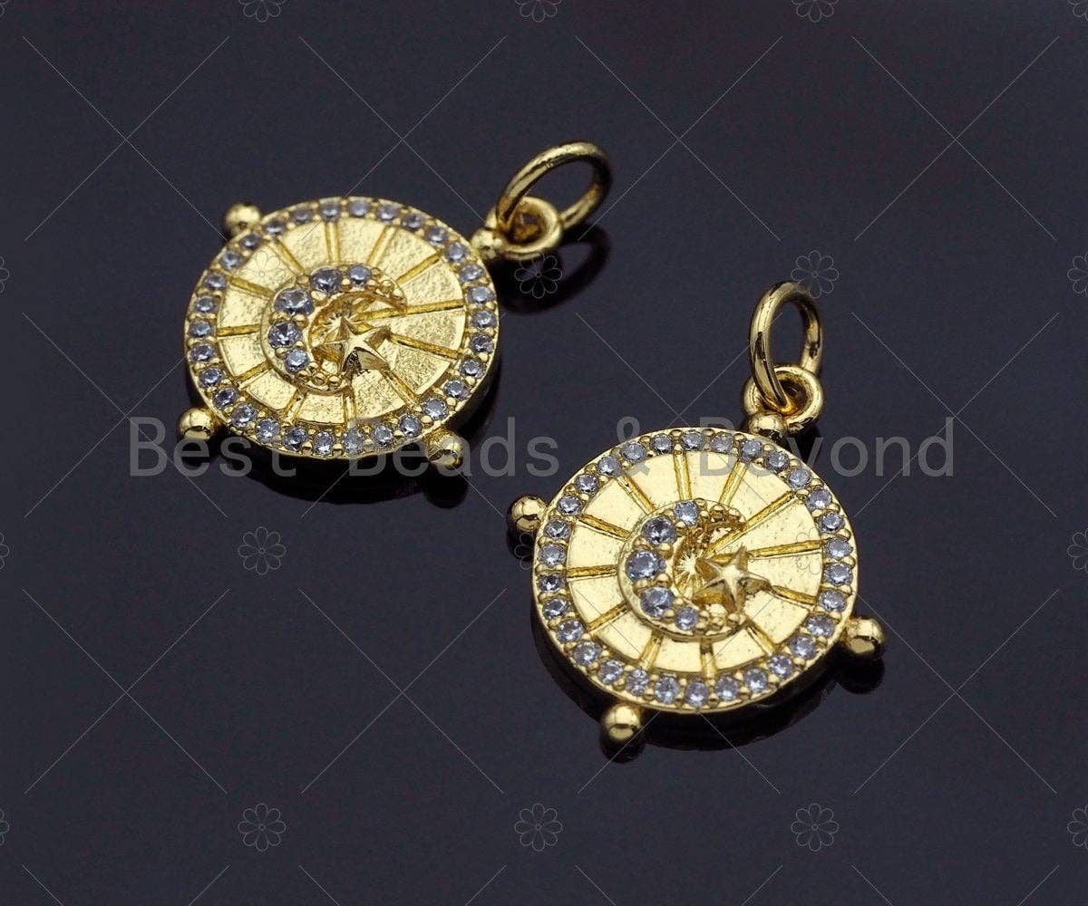 18K Gold CZ Micro Pave Star Moon Swirl Patten Charm, Dainty Gold Coin Charm, 15mm, Z1139