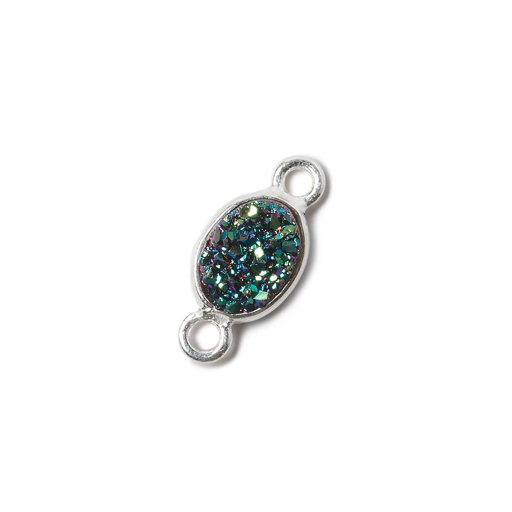 7x5mm Silver .925 Bezel Mystic Mermaid Green Drusy Oval Connector Set of 4 Pieces