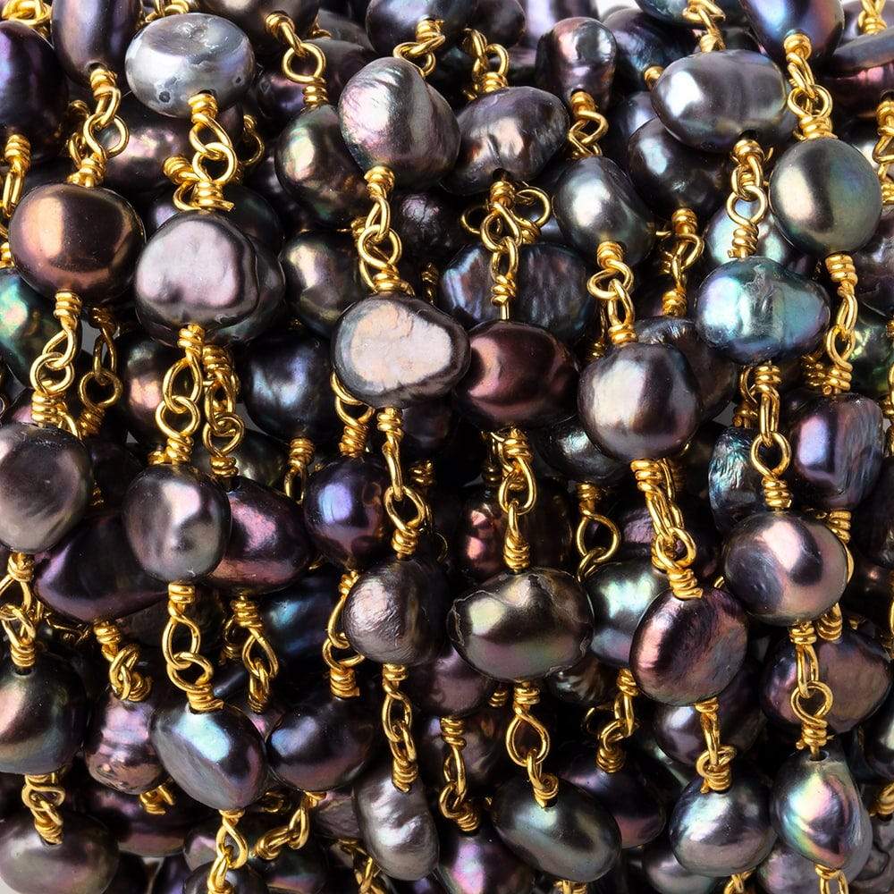 7x6mm Peacock Baroque Freshwater Pearl Gold plated Chain by the foot 23 pcs