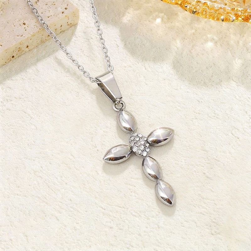 Stainless Steel Inlaid Rhinestone Cross Pendant Necklace