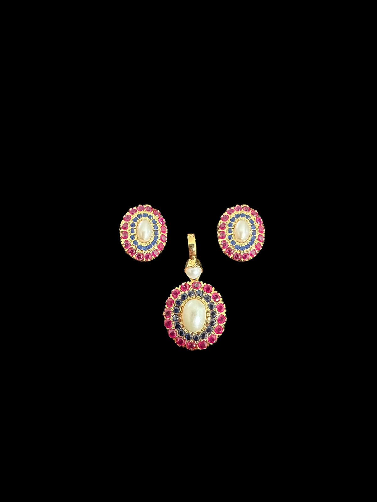 Gold plated jadau silver pendant set in ruby sapphire  ( SHIPS IN 5 WEEKS  )