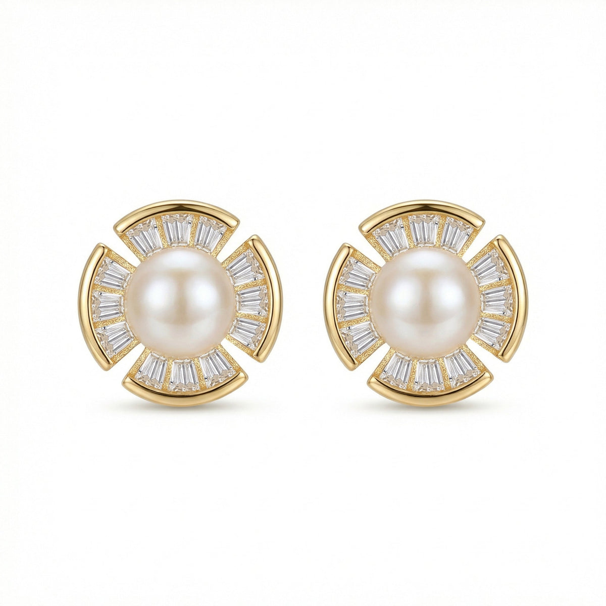 925 Sterling Silver Radiant Pearl and Baguette-Cut Fan-Shaped Stud Earrings