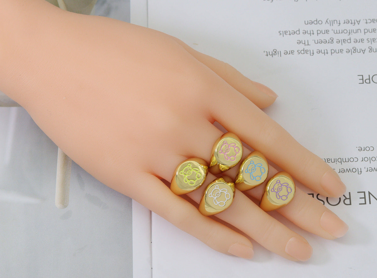 Enamel Bear On Round Adjustable Ring, Sku#X324