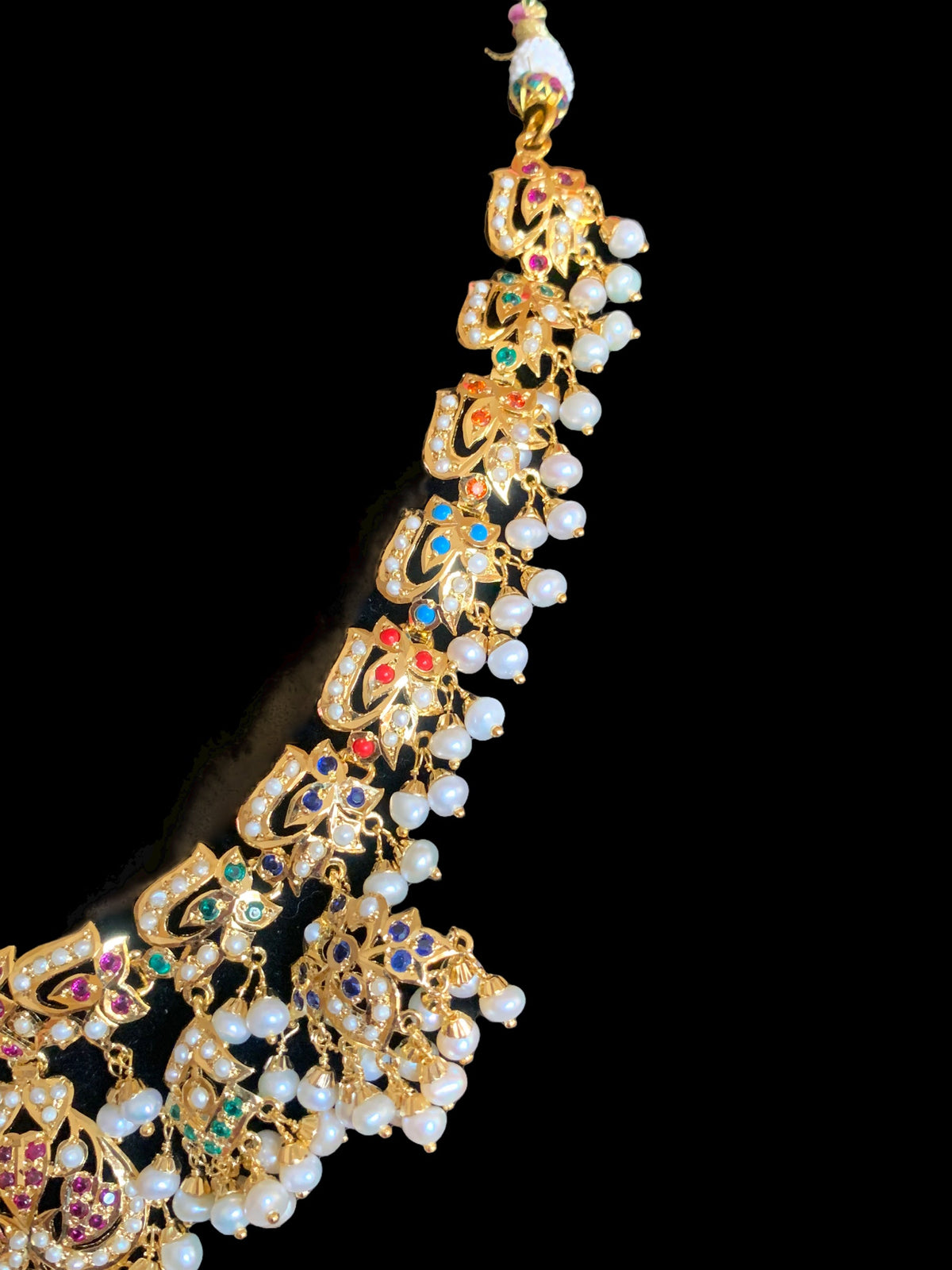 Navratan necklace  set with fresh water pearls in gold plated silver ( READY TO SHIP )