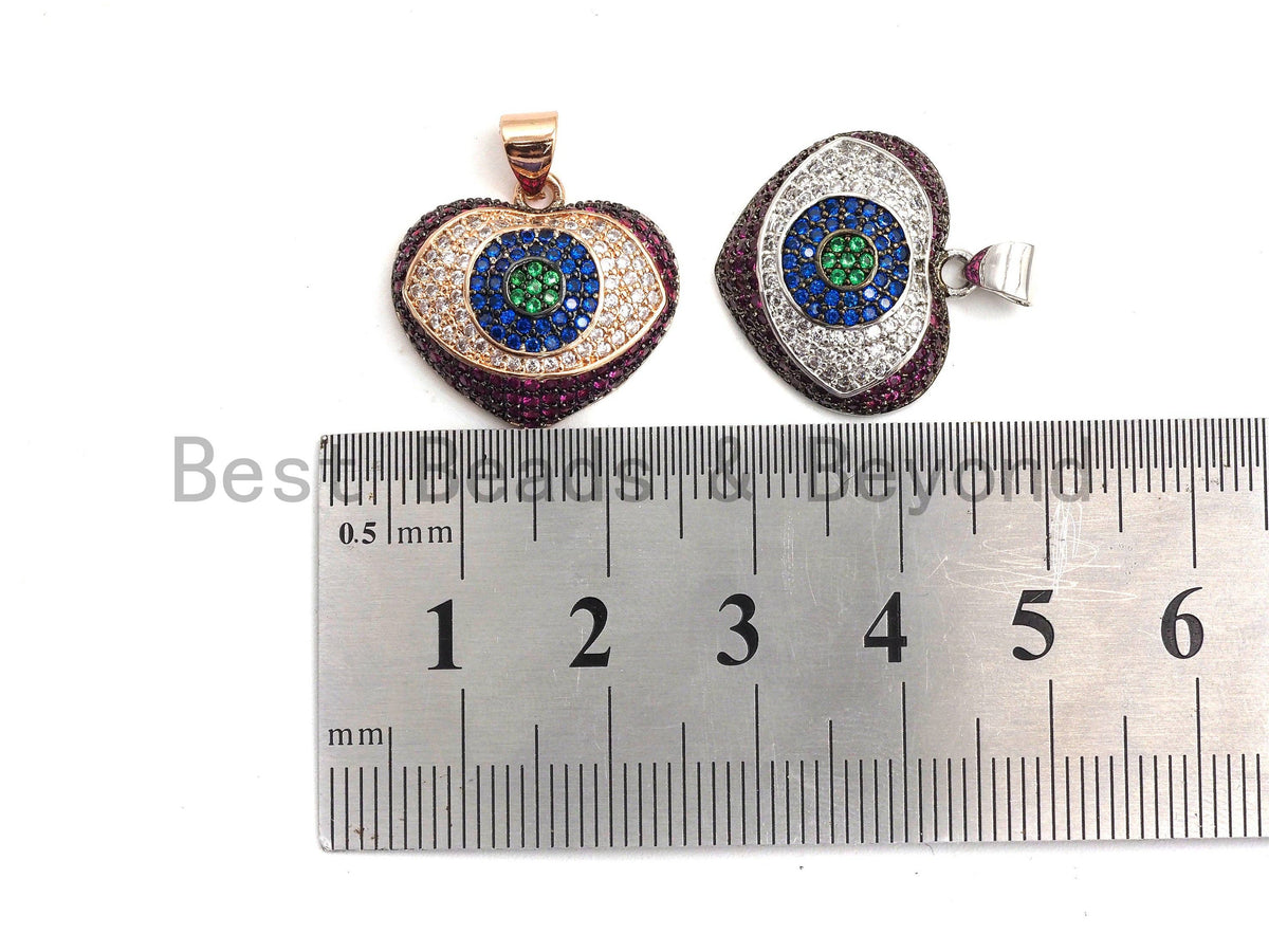 CZ Micro Pave Multi color Puffy Heart with Evil Eye Pendant, Heart Cubic Zirconia Pendant, Evil Eye Charm, 18x22mm,sku#F692