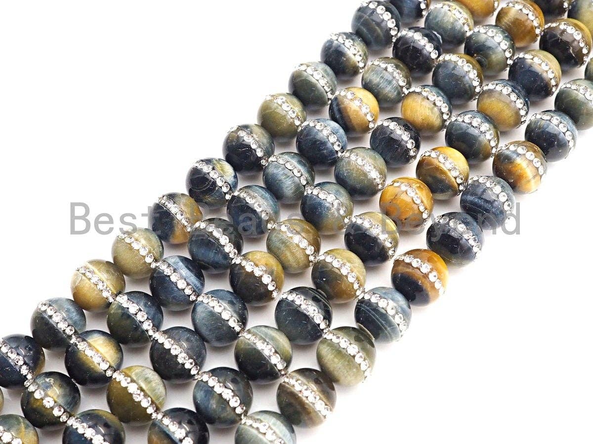 High Quality Natural Tiger Eye with Rhinestone Inlaid, 6mm/8mm/10mm/12mm, Tiger eye Beads, 15.5'' Full Strand, SKU#V50