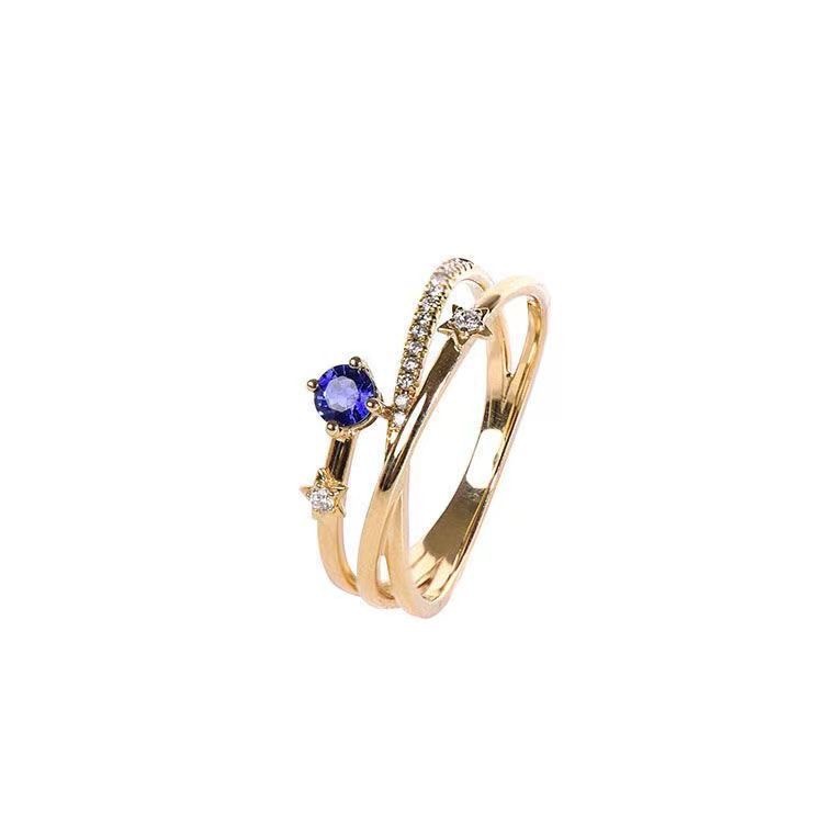 Blue Crystal Ring With Three Rows Of Diamonds