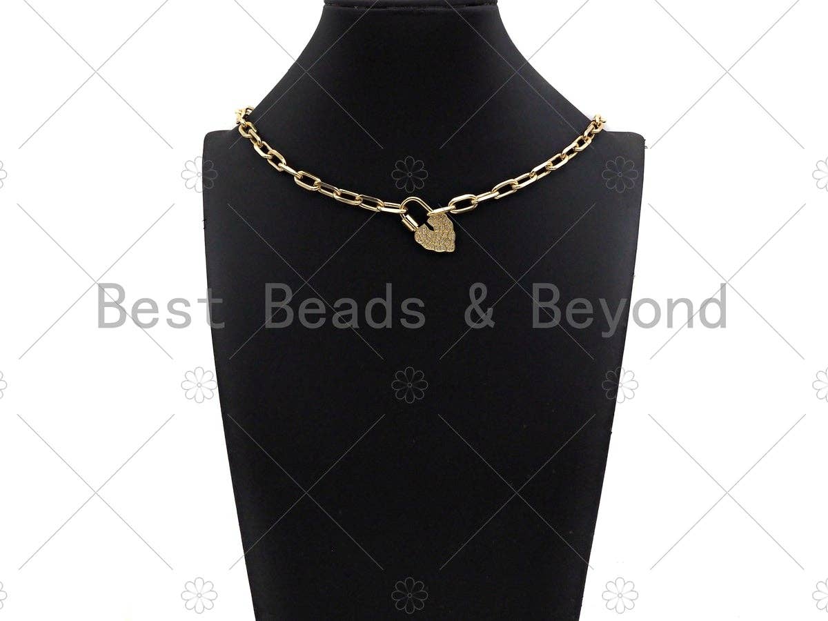 18K Gold Clear CZ Micro Pave Leaf Heart Fancy Lock Clasp, Heart Shape Clasp, Pave Lock, Gold Claps, 17x30mm,sku#K149