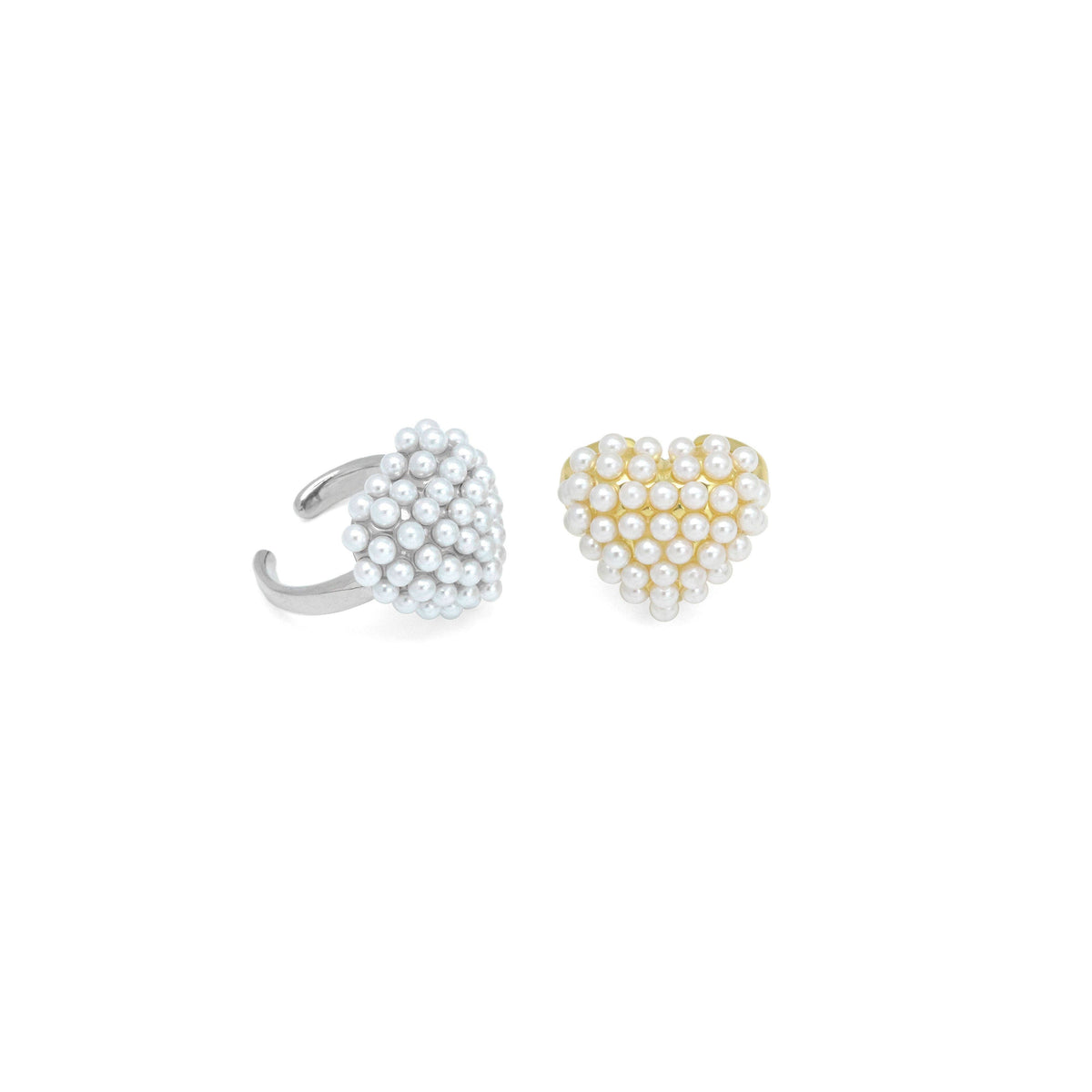 Silver Gold White Pearl Puffy Heart Statement Adjustable Ring, Sku#A448