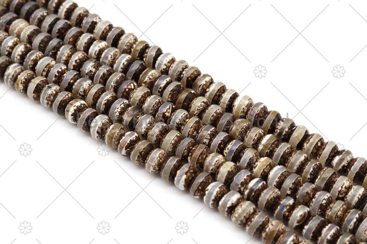 Quality DZI Brown Cream White Agate Beads, Rondelle with One line Tibetan Agate Beads, 8x12mm/12x16mm Agate,15'' Full Strand, SKU#U1181