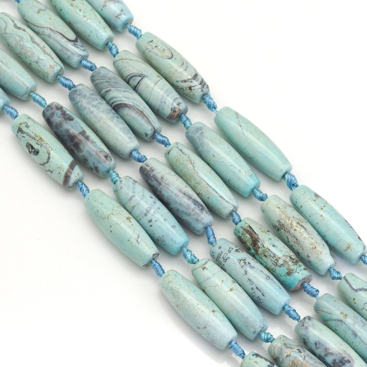 Planet Blue Barrel Shape Tibetan Agate Beads, 14x40mm Focal Beads, Sku#U1631