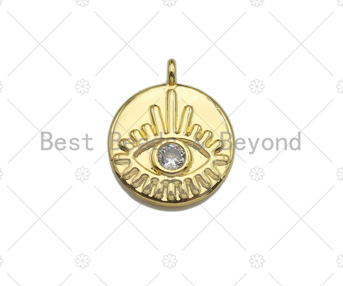 Clear CZ Micro Pave Evil Eye on Disc Pendant/Charm, Lucky Eye Cubic Zirconia Pendant, Real Gold Plated Charm Pendant,15x18mm,Sku#L304