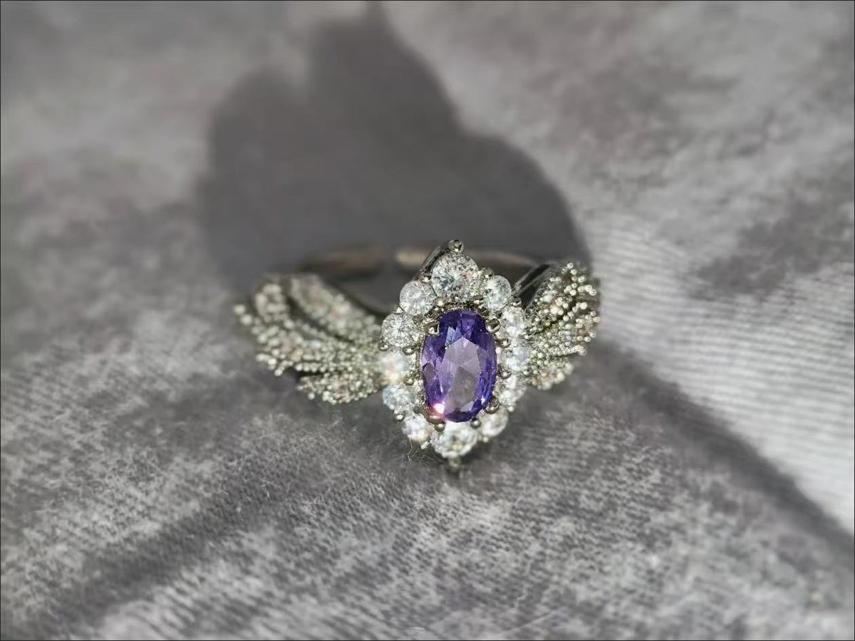 Light Purple Zircon Open Ring, Luxury Elegant Adjustable Band For Women