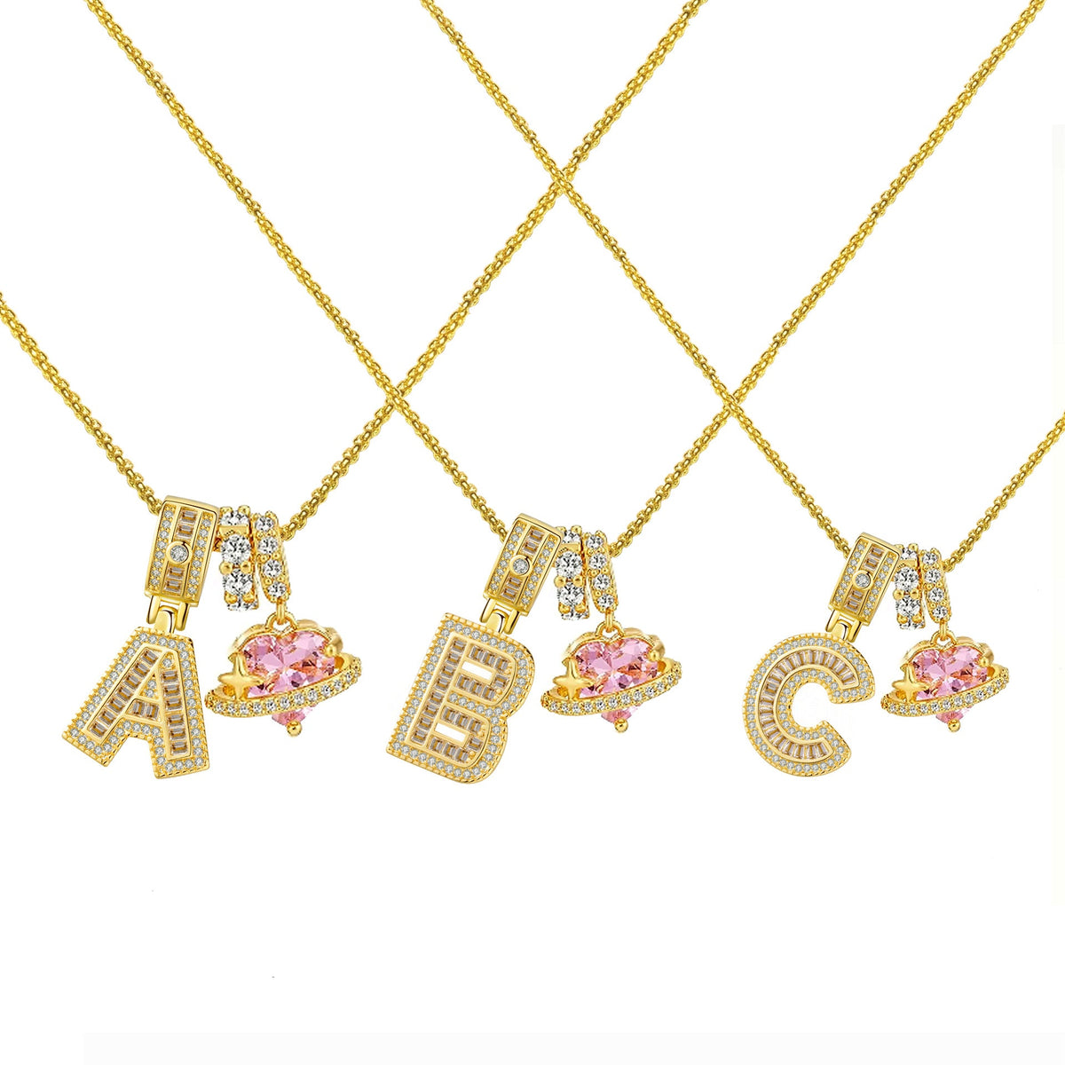 Gold-Plated Copper Planet Heart Pendant Necklace With Diamonds