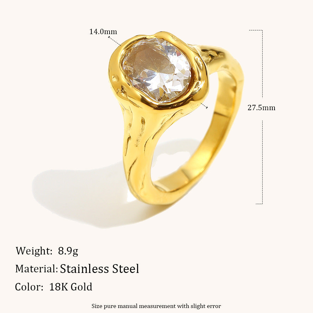 Stainless Steel 18K Gold-Plated Holed Dove-Egg Zircon Ring For Women  Lite Luxury