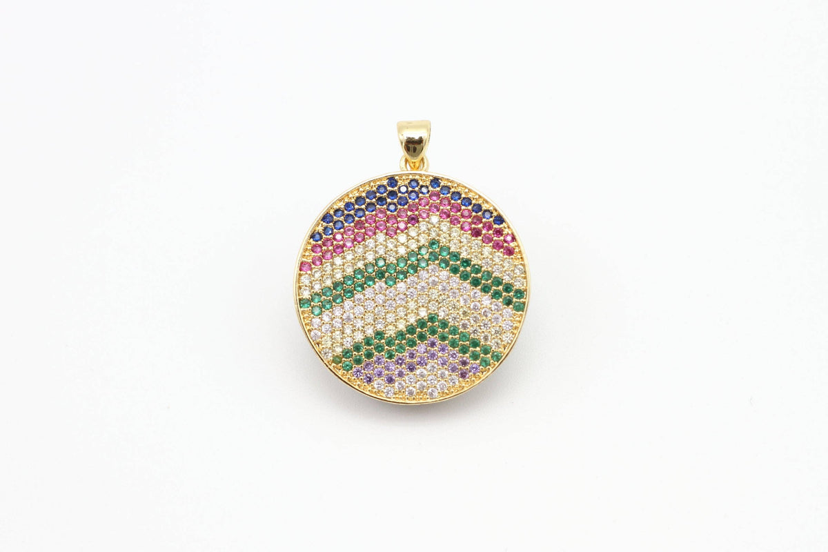 CZ Micro Pave Mixed Color Zigzag Round Disc Pendant, Cubic Zirconia Necklace Pendant, 25x31mm, sku#F3