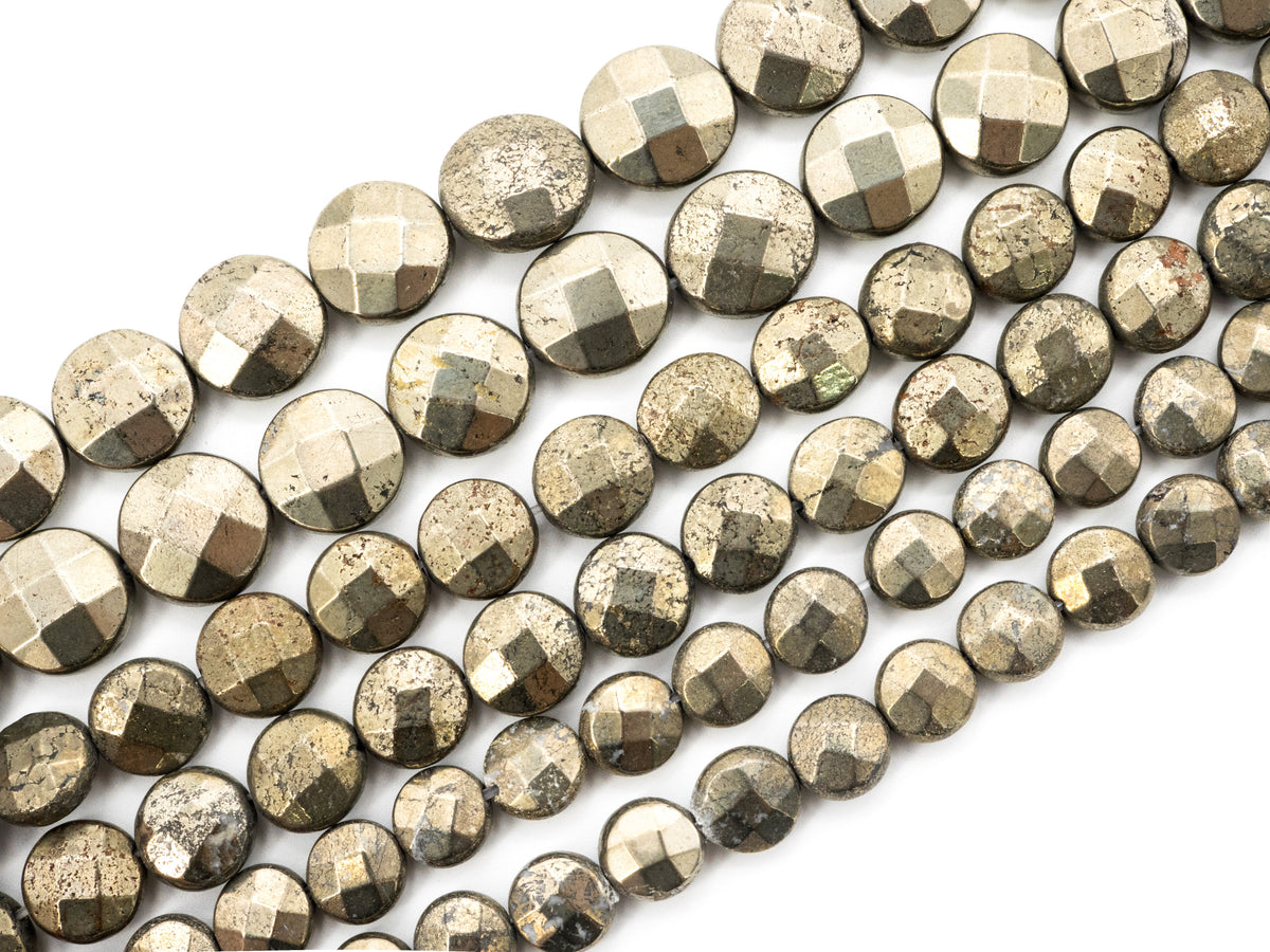 Quality Natural Pyrite Coin Beads, Faceted Flat Coin Pyrite Gemstone Beads, 8mm/10mm/12mm Coin Pyrite, 16" Full Strand, SKU#W12