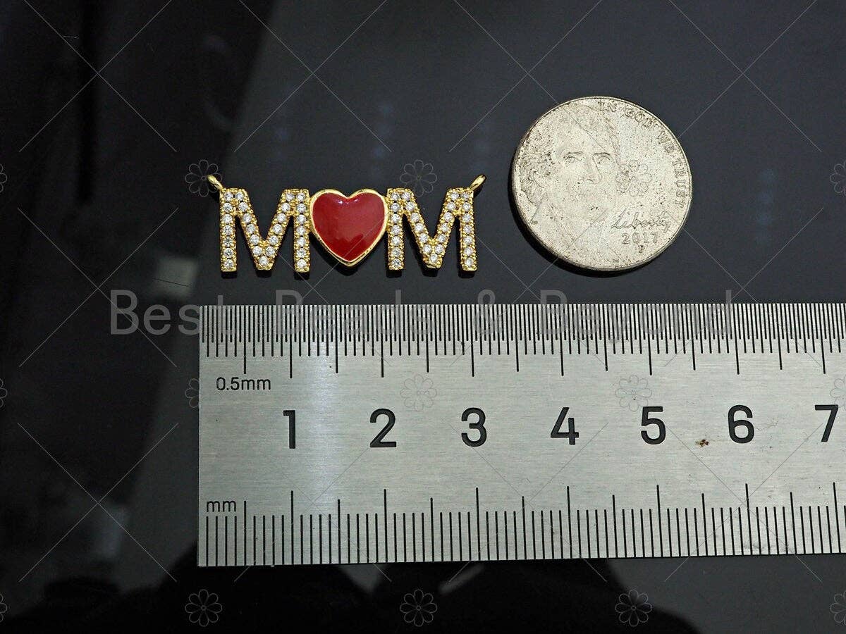 Gold Filled Red Enamel Heart CZ Micro Pave MOM Shape Pendant, 18K Gold Filled Charm, Mother's day, Necklace Pendant,11x32mm,Sku#LD125