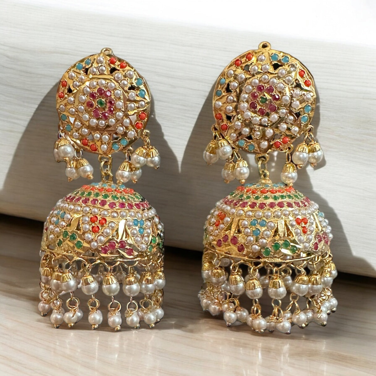 DJET62 Jadau jhumka in Navratan with pearls ( READY TO SHIP )