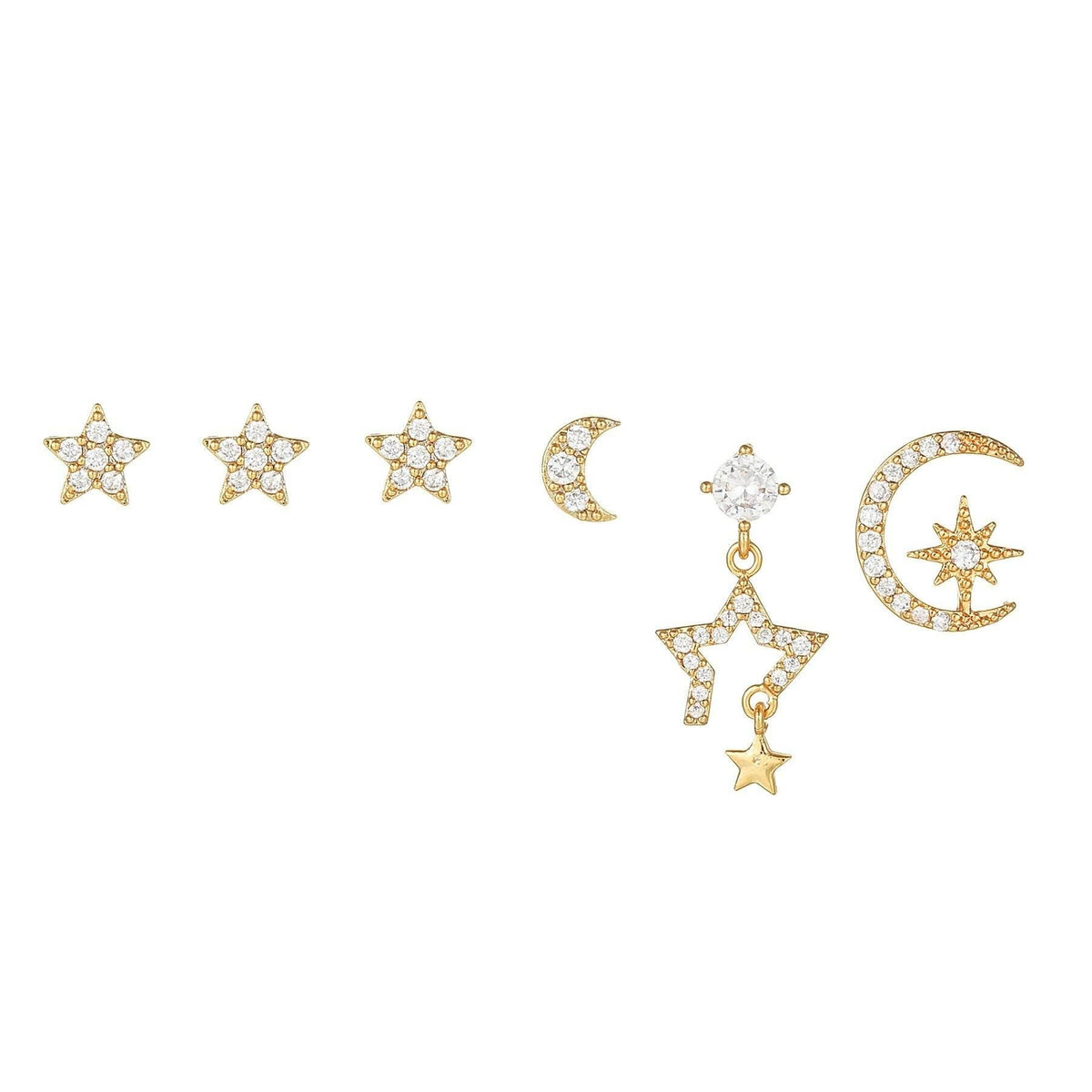 Stacking 6 Pieces Celestial Star & Moon Earring Set, 18k Gold Plated Stud & Drop, S925 Needle, Stacked Lobe Designs with Dazzling Zirconia