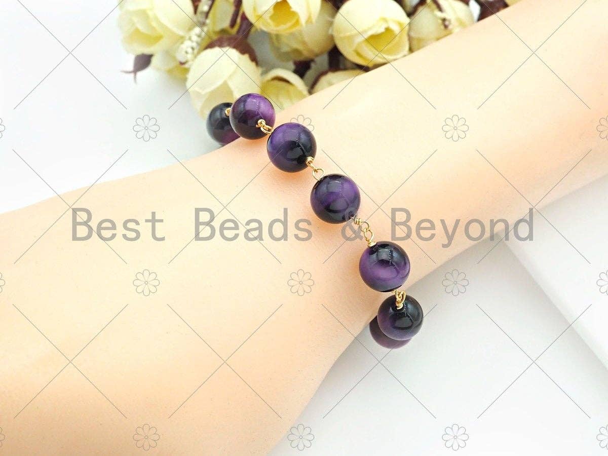 Galaxy/Teal Blue/Pruple High Quality Tiger Eye Rosary Chain, 10mm Beaded Chain, Wire Wrapped Gold Chain,Sku#V85
