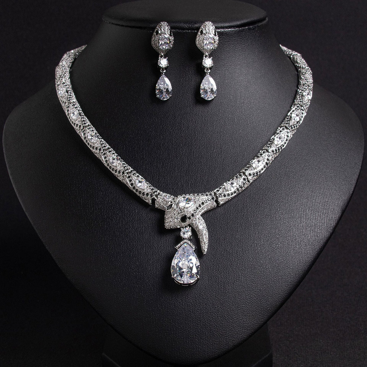 S925 Silver & Zircon Snake Necklace and Earring Set