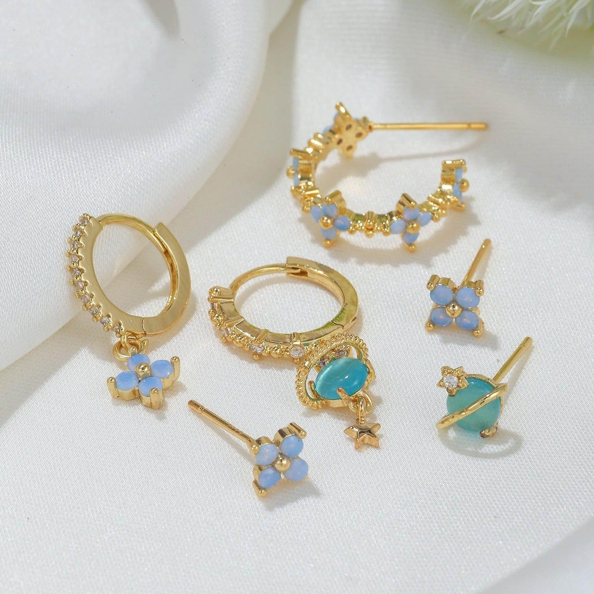 Multi Sets of Blue Flower Pierced Earrings, 4-6pcs, 18k Gold Plated Stud Drop Hoop Huggie Cuff Chain, S925 Needle