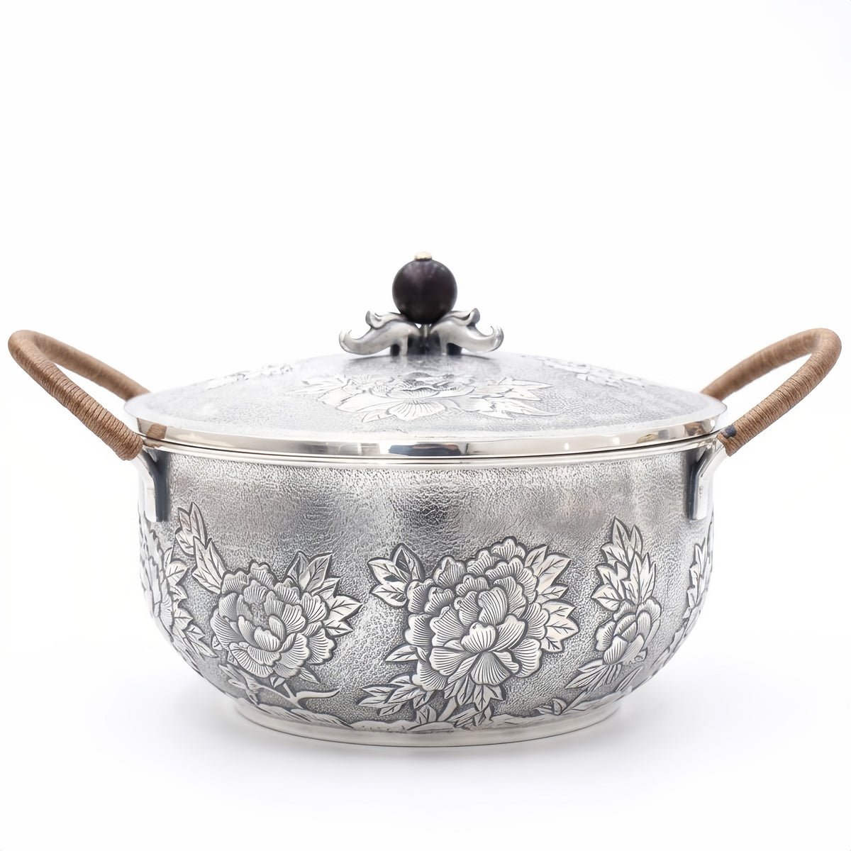 925 Sterling Silver Elegant Handcrafted  Serving Pot with Floral Motifs and Wooden Handles-Premium Hot Pot - Handicraft