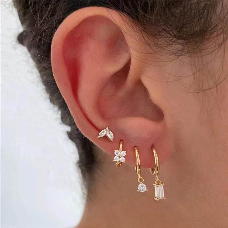 Stacking 4 Pieces Geometric Zircon Stud Earring Set, 18k Gold Plated Ear Studs and Drops, Trendy Sweet Cool Earrings, S925 Needle