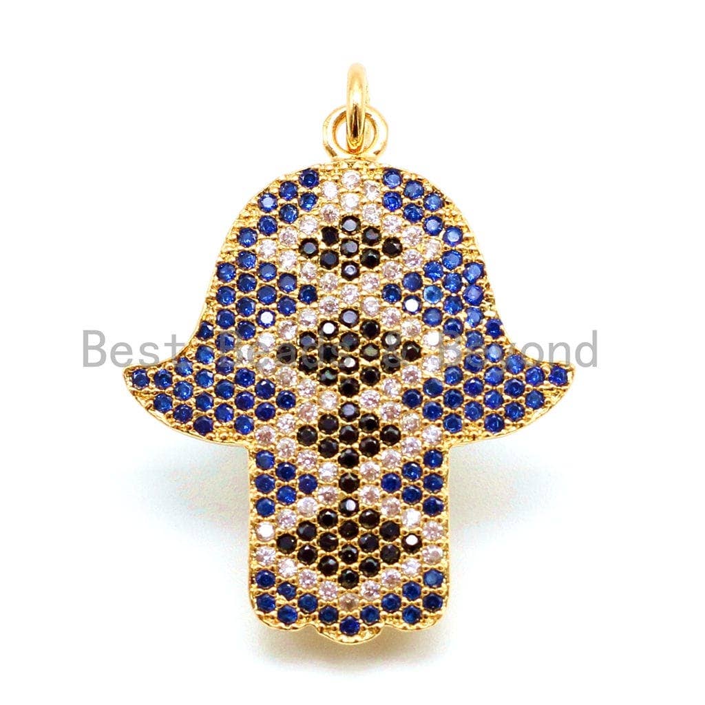 CZ Micro Pave Cobalt Hamsa Hand Pendant for Bracelet/Necklace, Cubic Zirconia Pendant/Charm, Jewelry Findings, 22x29mm,sku#F35