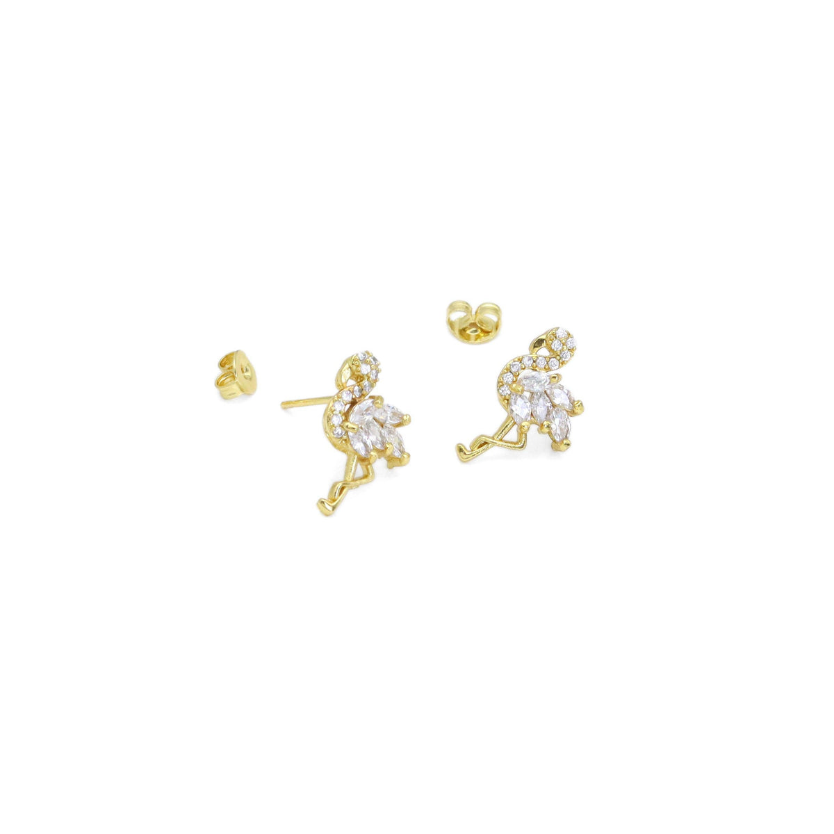 Clear CZ Flamingo Gold Silver Stud Earrings, bird earrings, Sku#A176
