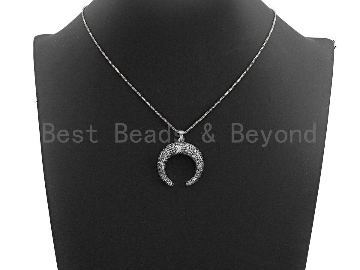 CZ Micro Pave OX Horn Shape Pendant, Antique Silver Tone, Cubic Zirconia Pave Crescent Charm Pendant, 32x35mm,sku#F1028