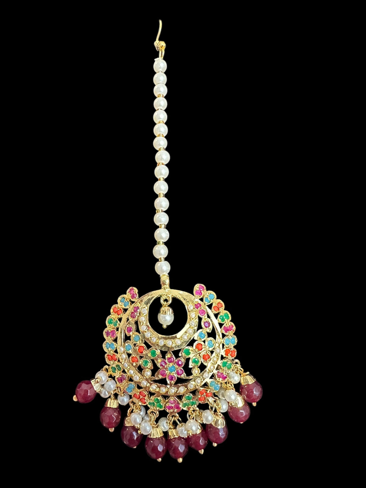 DJET83 Dafiya Gold Plated Chandbali Earrings & Tika Set in Navratan | Ready to Ship | Deccan Jewelry