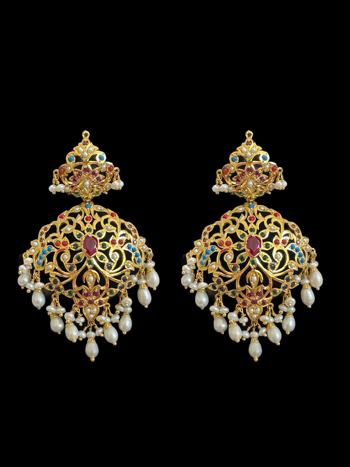 Navratan necklace with earrings in gold plated silver ( READY TO SHIP )