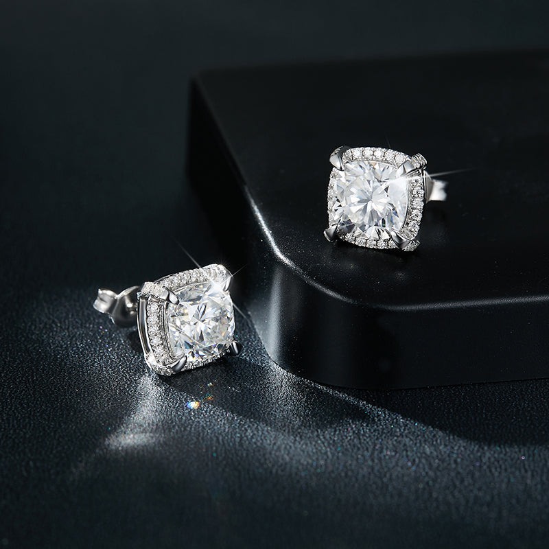 S925 Sterling Silver 8x8mm Cushion Cut Moissanite Stud Earrings  Platinum Plated Halo Setting With GRA Certificate Luxury Jewelry Gift Box Set For Women