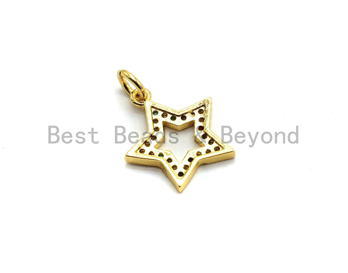 CZ Colorful Micro Pave Five Point Star Shape Pendant, Five Star Shaped Pave Pendant, Gold plated,14x15mm, Sku#F719