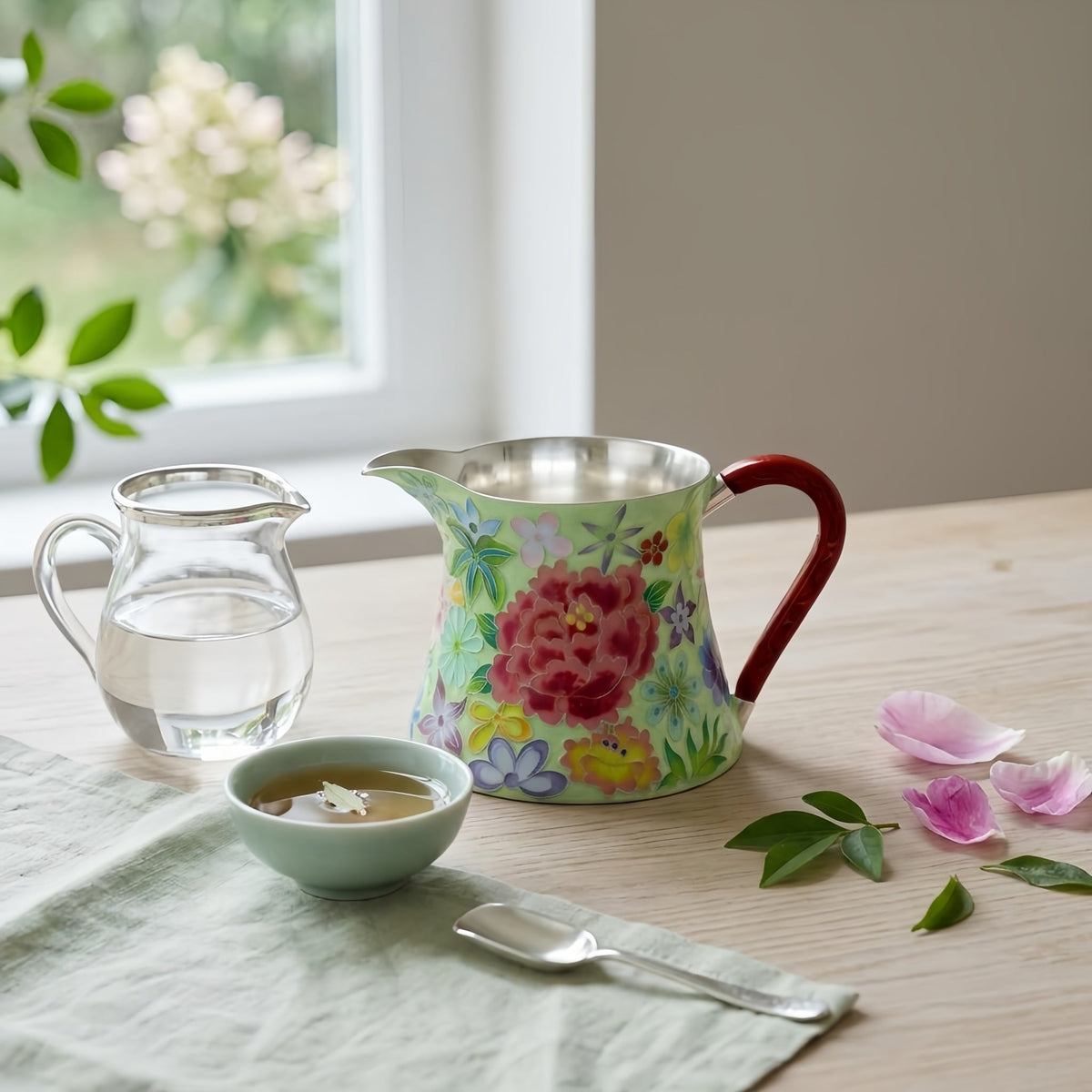 Pure 999 Fine Silver Elegant Hand-Painted Enamel Floral Pitcher with Red Sculpted Handle - Handicraft