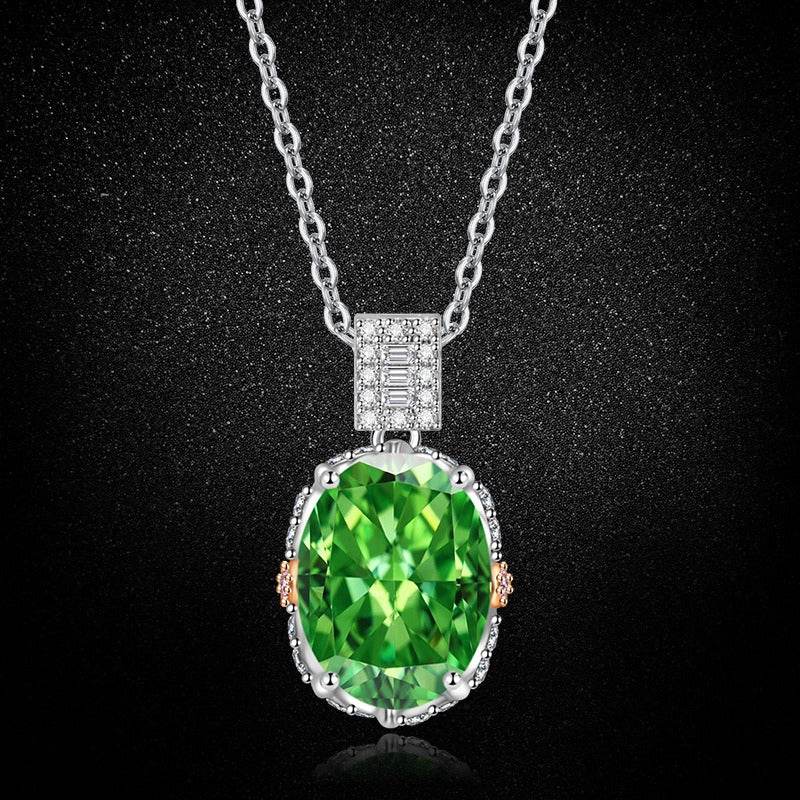 Multicolor Ice Flower Cut Oval CZ Pendant Necklace, Blue & Green 10*14mm 8A Cubic Zirconia, Two-Tone Pave CZ Halo with Pavé Top Frame