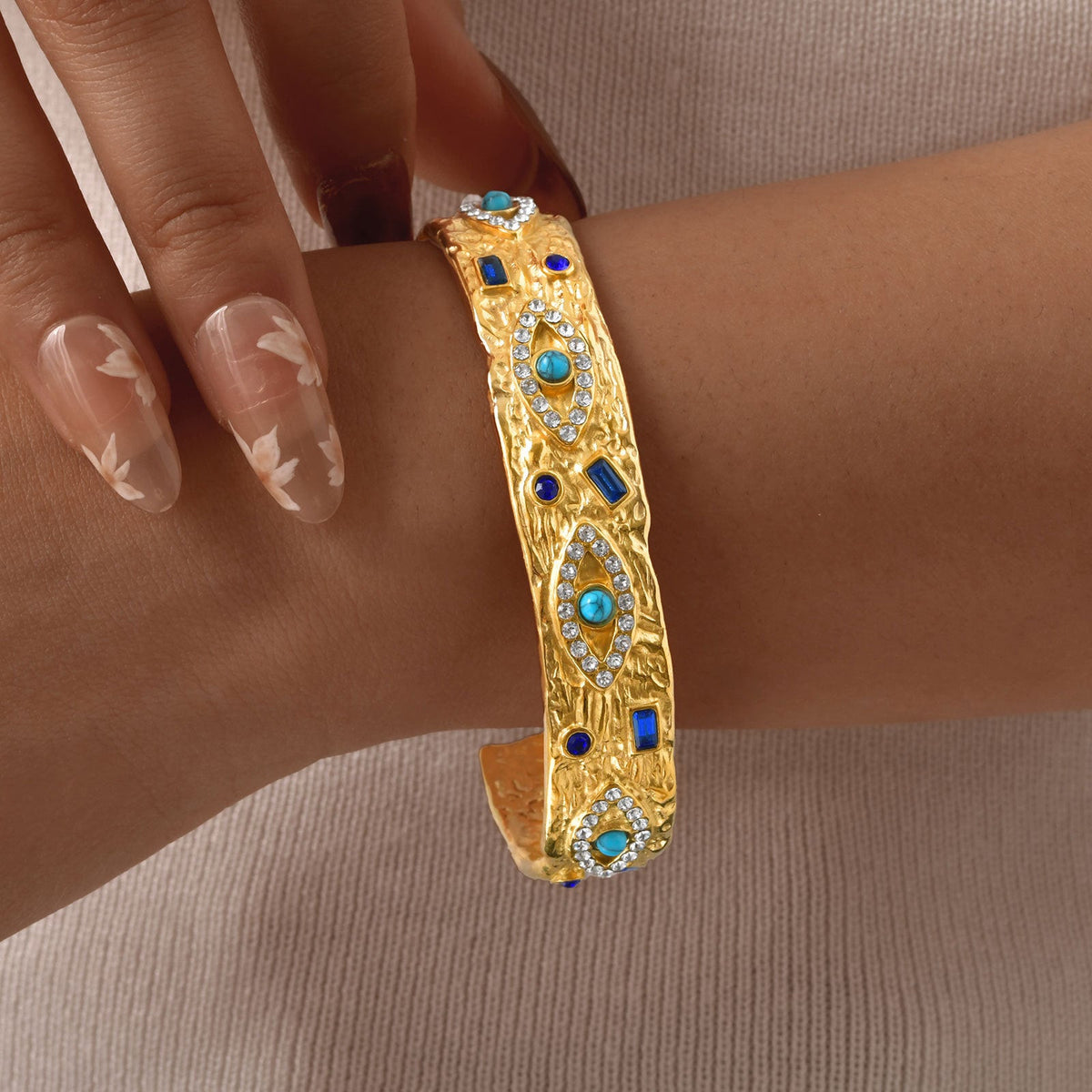 Stainless Steel Zircon Turquoise Eye Open Bracelet In Gold Color