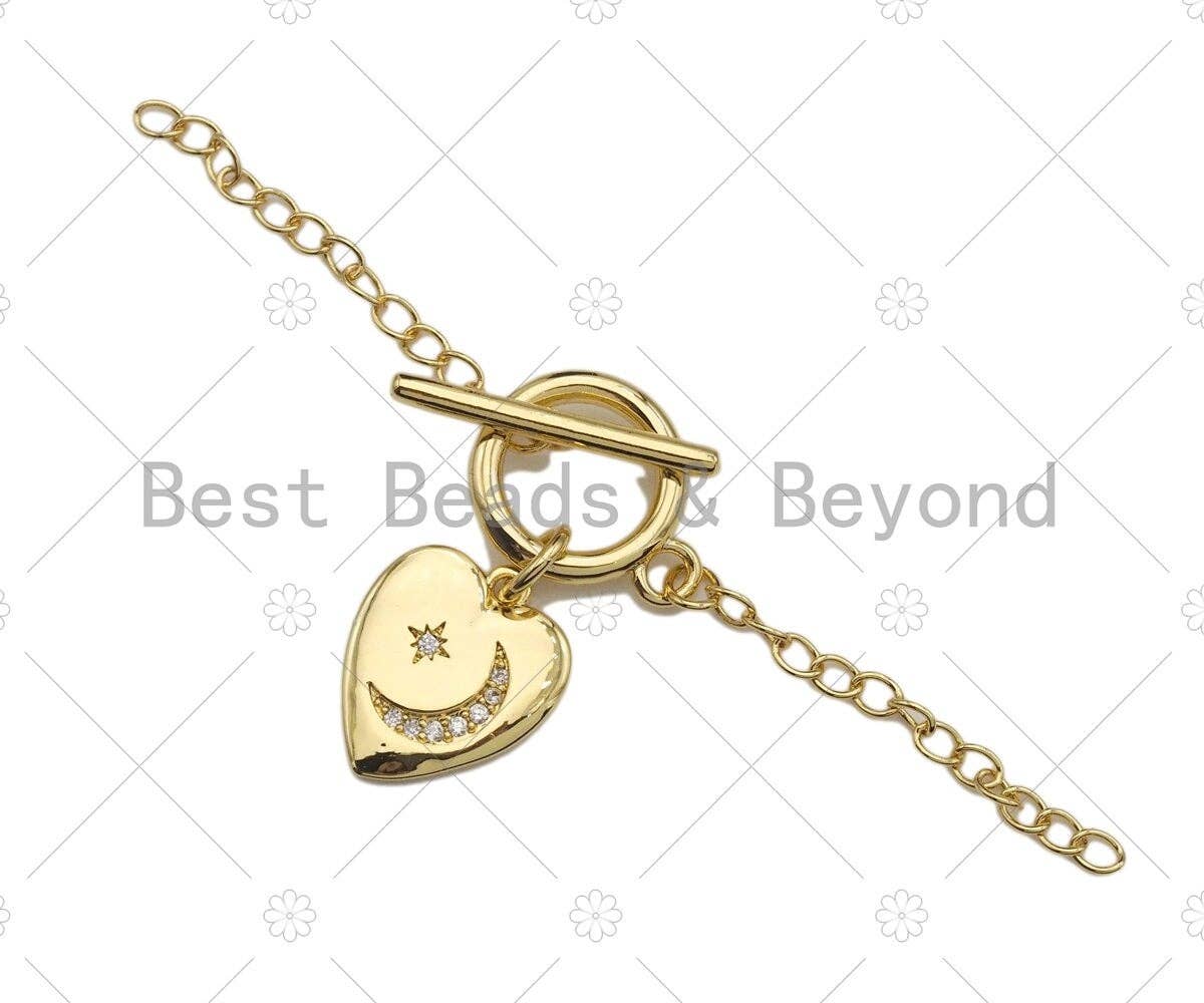 1 Set CZ Micro Pave Moon Star on Heart Toggle Clasp, Gold/Silver Color Heart Toggle Clasp, T-bar closures, 13x15mm, sku#K129