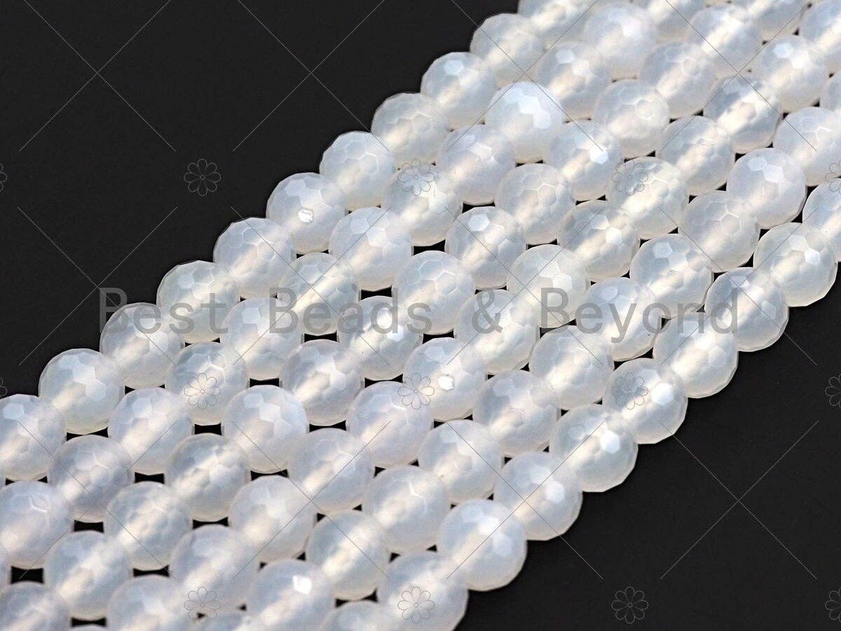 High Quality Natural Milky White Agate Beads, Round Faceted 6mm/8mm/10mm/12mm White Agate Beads, 15.5" Full Strand, Sku#U569