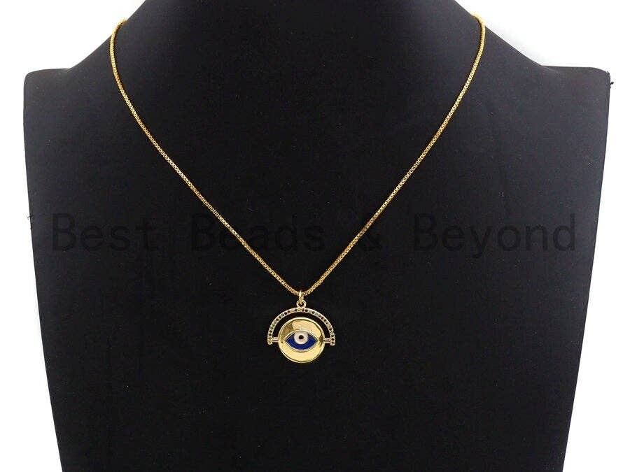 Colorful CZ Micro Pave Round With Cobalt Evil Eye Charm Pendant, Round Coin Shaped Pave Pendant, Gold plated, 22x22mm, Sku#F901