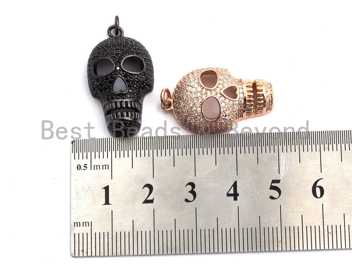 CZ Clear/Black Micro Pave Skull Pendant, CZ Pave Pendant, Gold/Rose Gold/Silver/Gunmetal plated,Halloween Pave, 9x16x28mm, Sku#F809