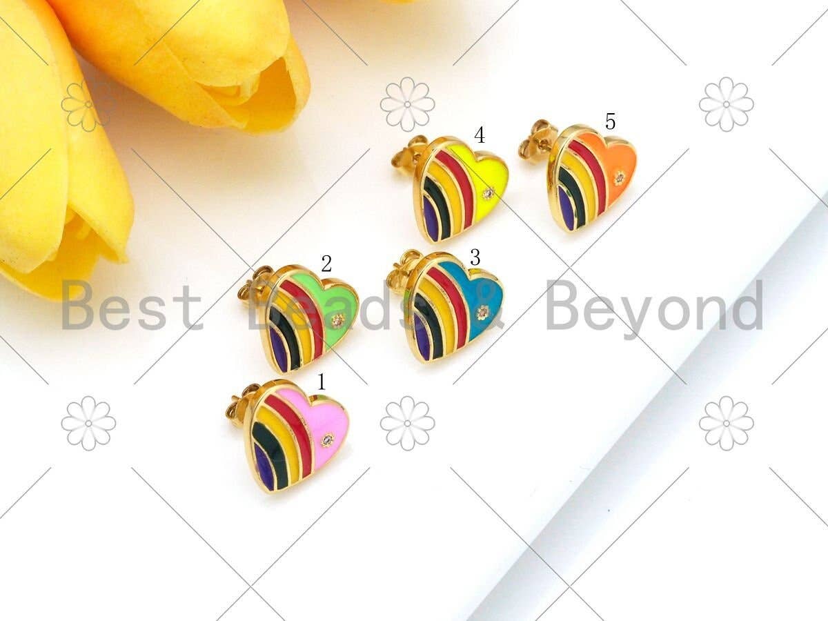 Colorful Rainbow Enamel Heart Earrings, Sku#O69